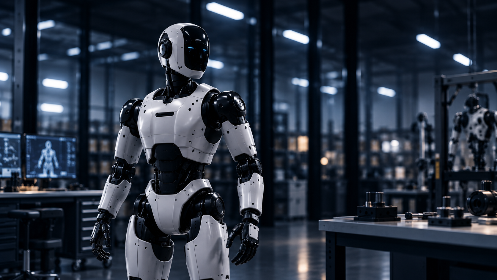 Humanoid robot standing in a warehouse work environment