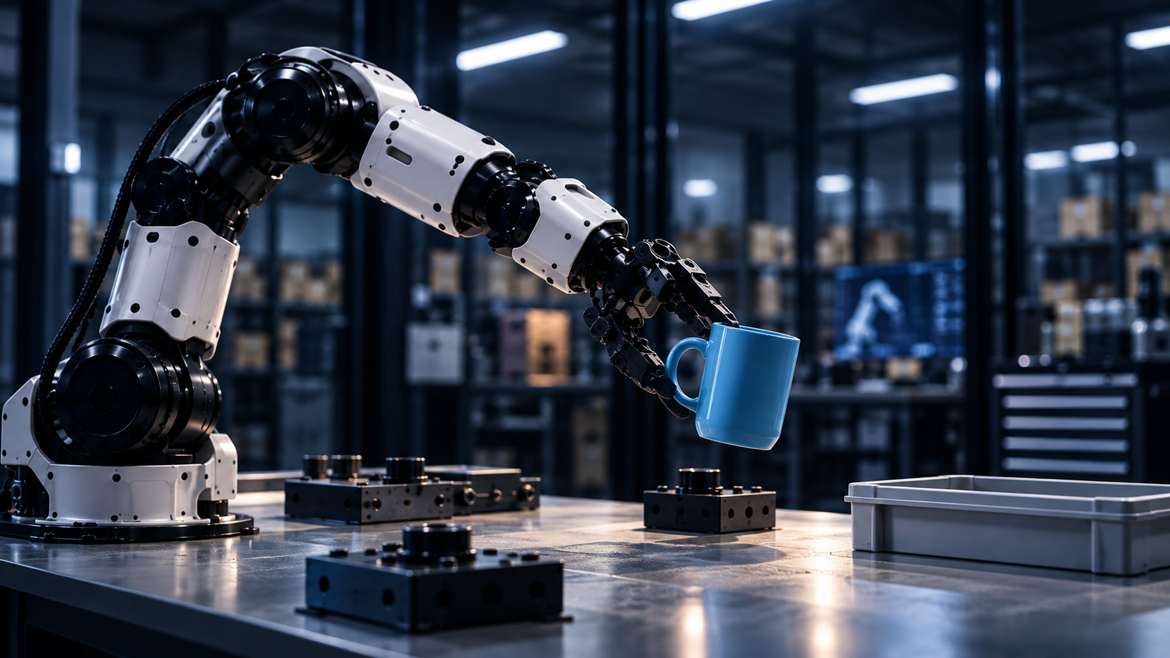 Industrial robot arm grasping a mug over a workbench