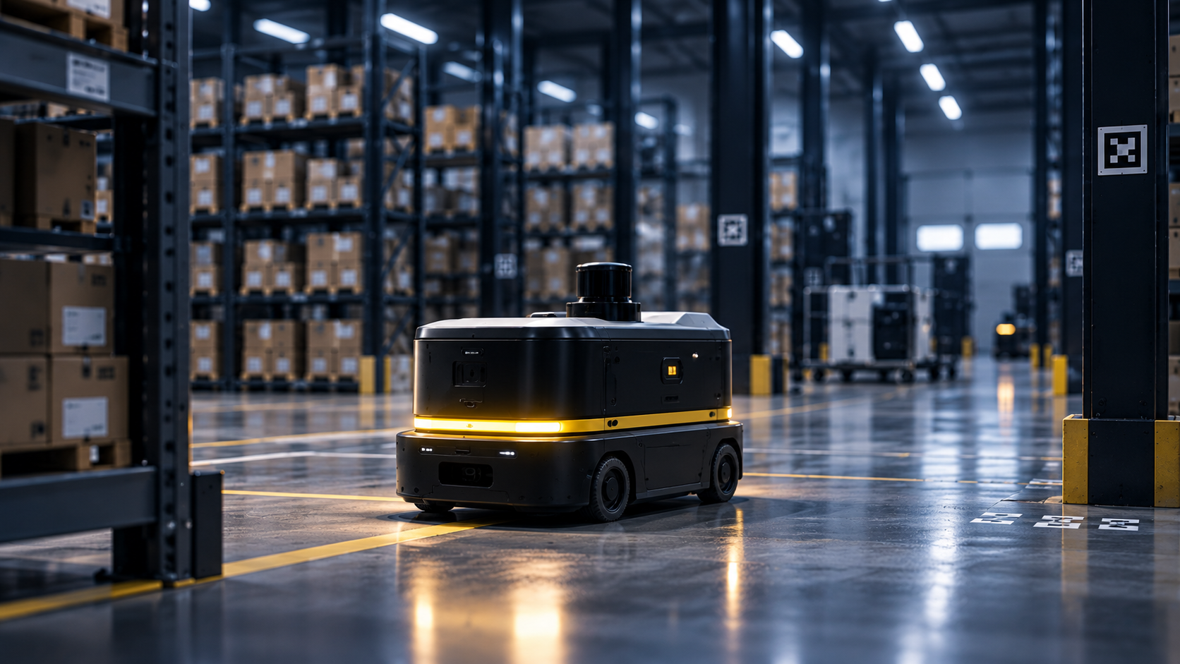 Autonomous mobile robot navigating a warehouse aisle