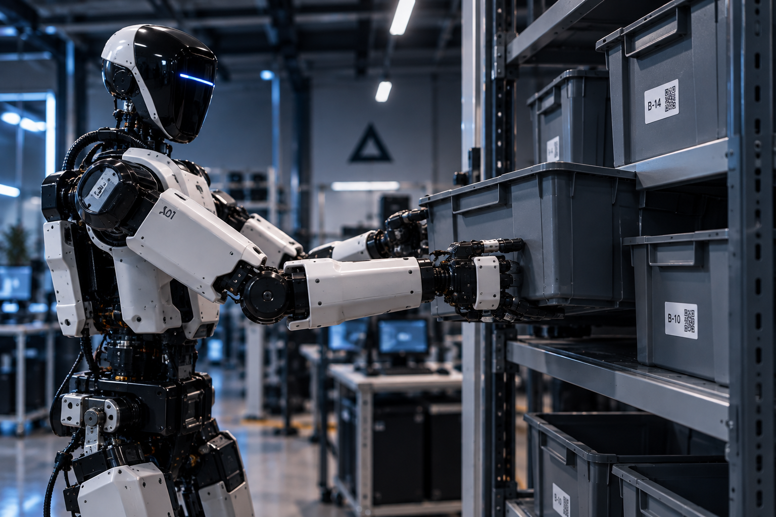Humanoid placing an object into a storage bin — Robotics Studio canvas