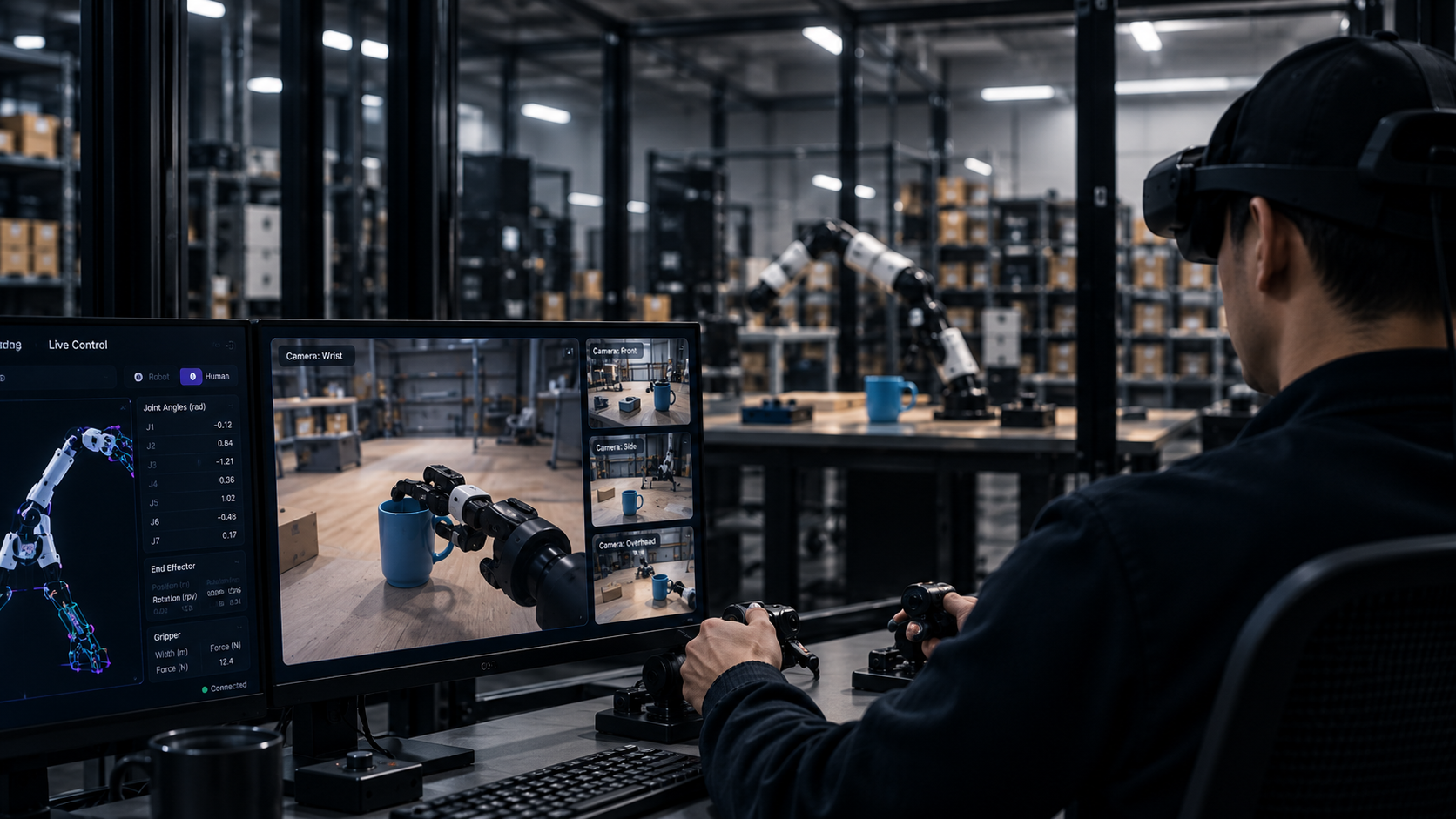 Operator teleoperating a robot arm through a live-control console
