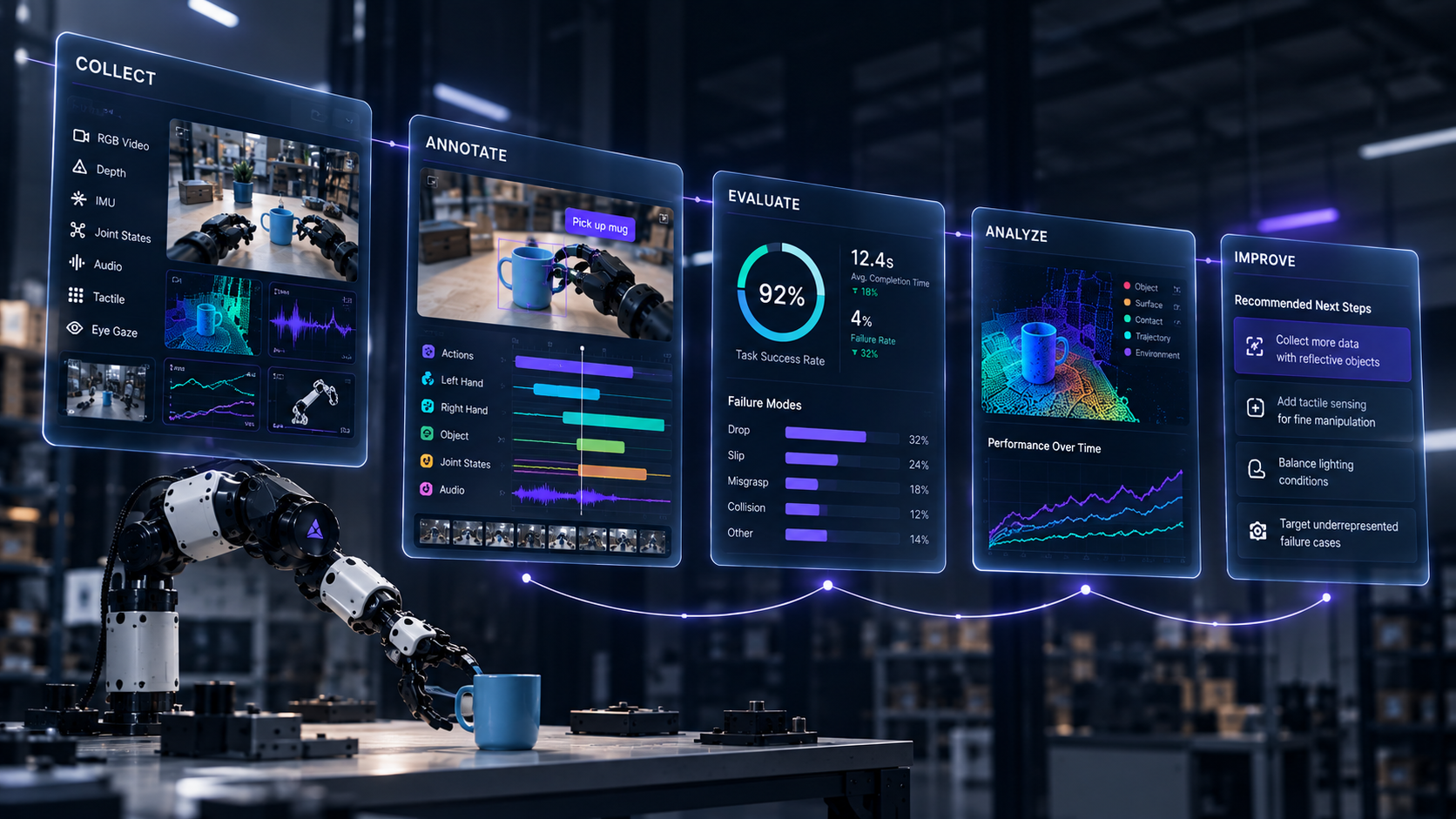 A robot arm in a warehouse surrounded by five linked floating data planes — Collect, Annotate, Evaluate, Analyze, and Improve